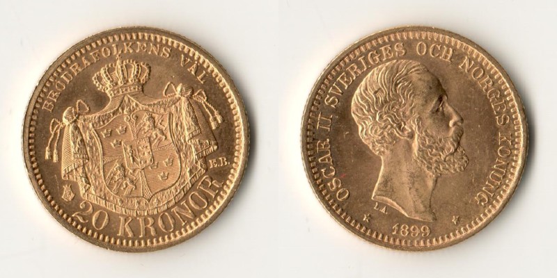Schweden, Oscar II (1872-1907) MM-Frankfurt Feingold: 8,06g 20 Kronen 1899 