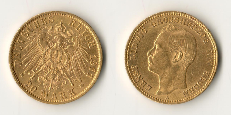Hessen, Kaiserreich MM-Frankfurt Feingold: 7,17g 20 Mark Ernst Ludwig Großherzog 1911 A 