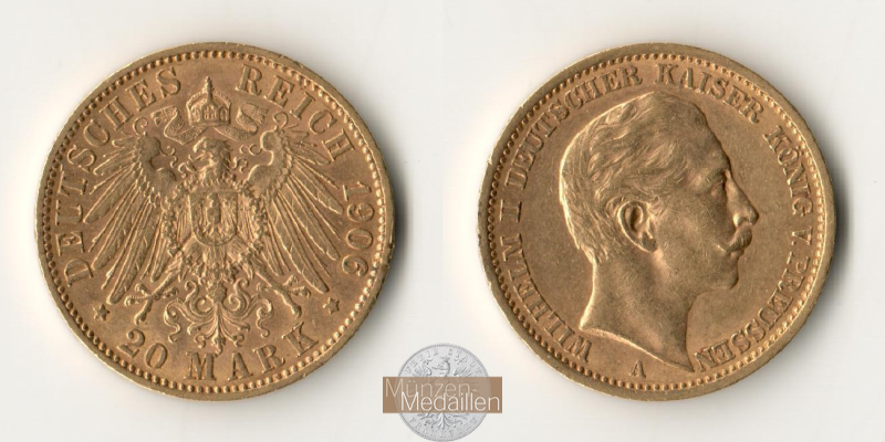 Preussen, Kaiserreich  20 Mark MM-Frankfurt Feingold: 7,17g Wilhelm II. (1891-1918) 1906 A 
