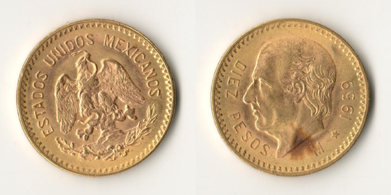 Mexiko MM-Frankfurt Feingewicht: 7,5g 10 Pesos 1959 