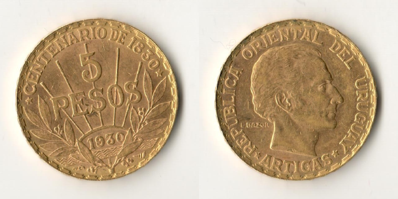 Uruguay MM-Frankfurt Feingewicht: 7,78g 5 Pesos 1930 