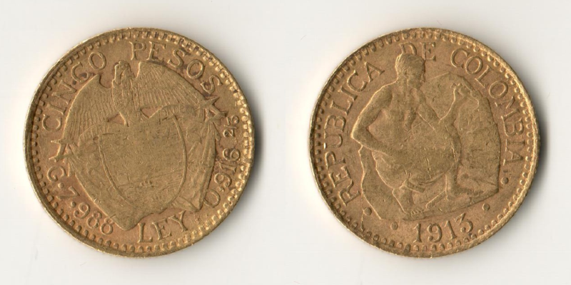 Kolumbien Feingold: 7,32g 5 Pesos 1913 