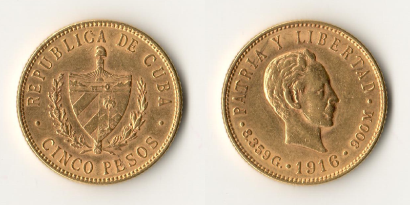 Kuba MM-Frankfurt Feingewicht: 7,52 Gold 5 Pesos 1916 