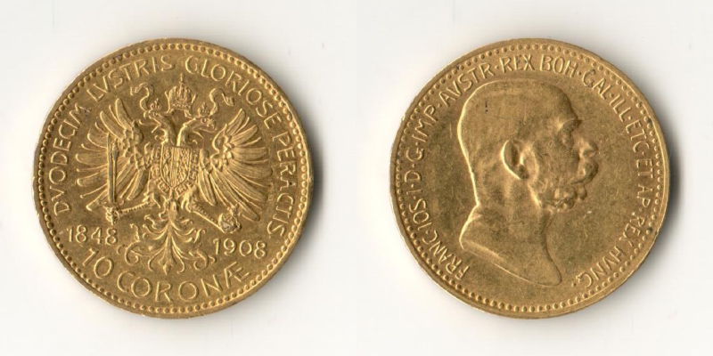 Österreich MM-Frankfurt Feingold: 3,05g 10 Kronen 1848/1908 