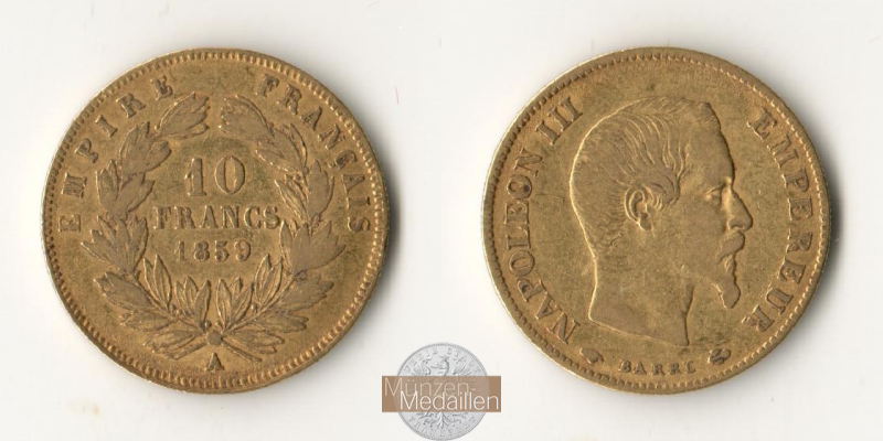 Frankreich  10 Francs MM-Frankfurt Feingold: 2,90g Napoleon III. 1852-1870 1859 A 