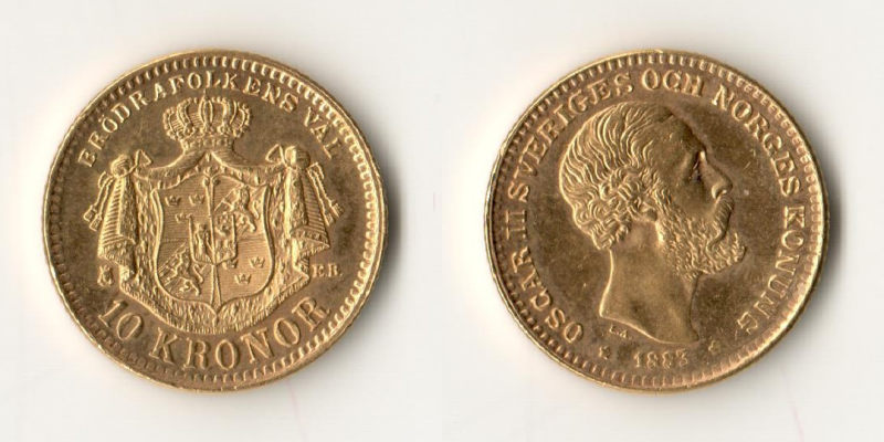 Schweden, Oscar II (1872-1907) MM-Frankfurt KM#743 Feingold: 4,03g 10 Kronen 1883 