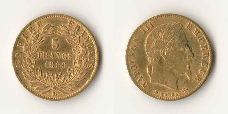 Frankreich MM-Frankfurt Feingewicht: 1,45g 5 Francs 1866 