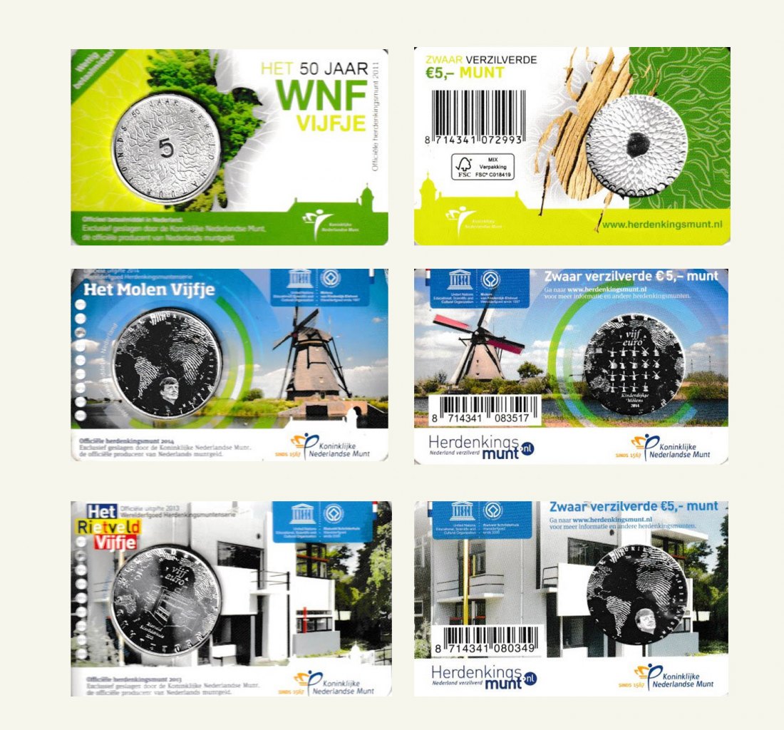  3 x 5-€-Münze Coincard NL *50 J. WWF 2011 + Schröderhaus 2013 + Windmühlen 2014* nur 10.000St   
