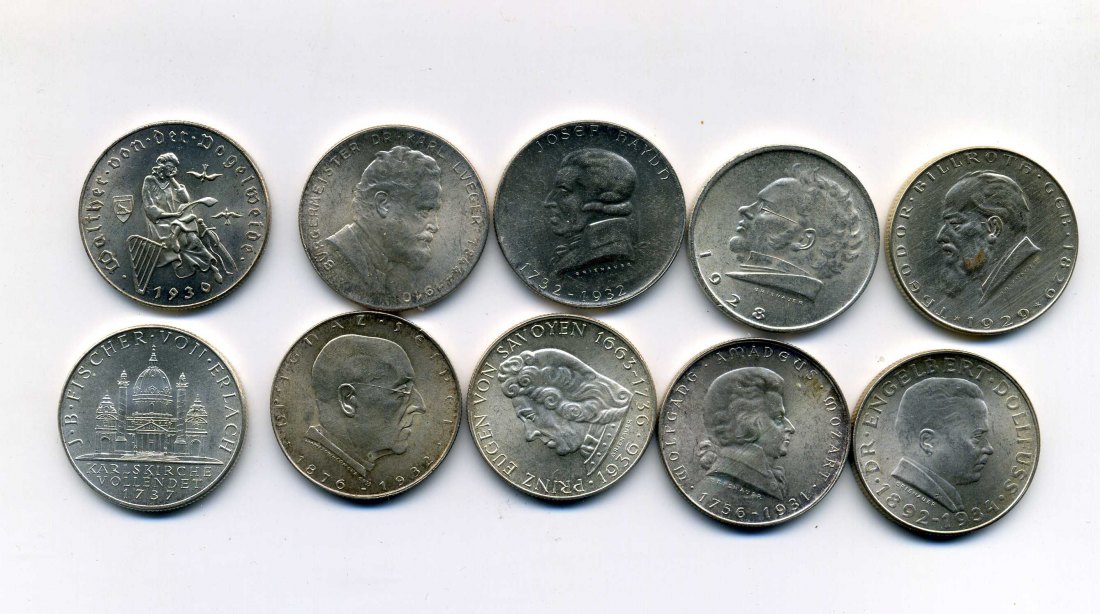  10 x 2 Schilling 1928 - 1937 komplett vz bis stempelglanz ungereinigt   