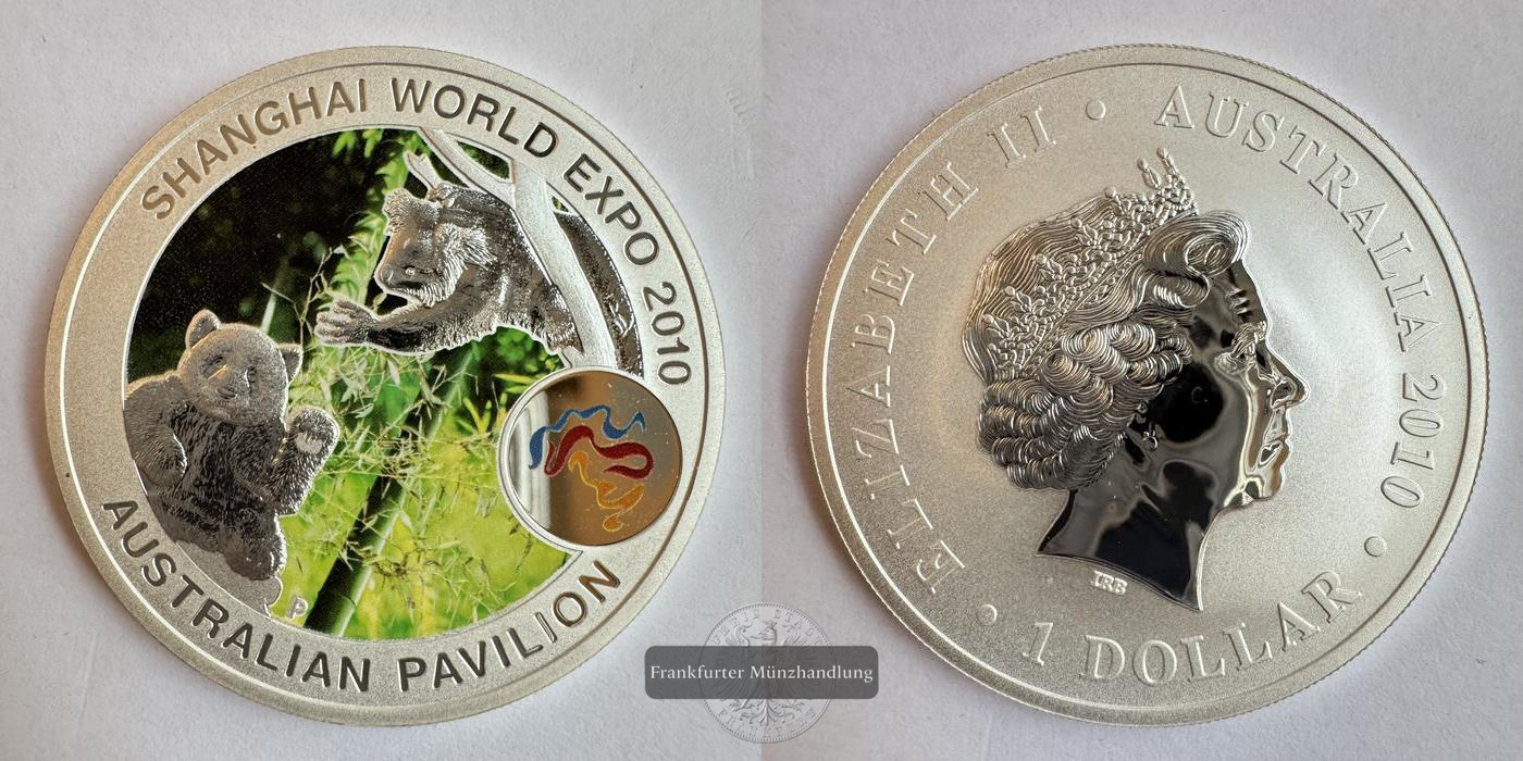  Australien 1 Dollar (World Expo) Panda & Koala 2010 Koloriert FM-Frankfurt KM#1391 Feinsilber: 31,1g   