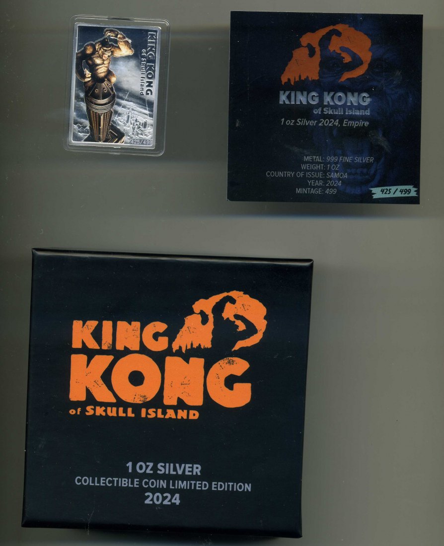  Samoa 2 Dollar 2024 King Kong in Original Box mit Zertifikat 1 Unze Feinsilber nur 499 Stück   