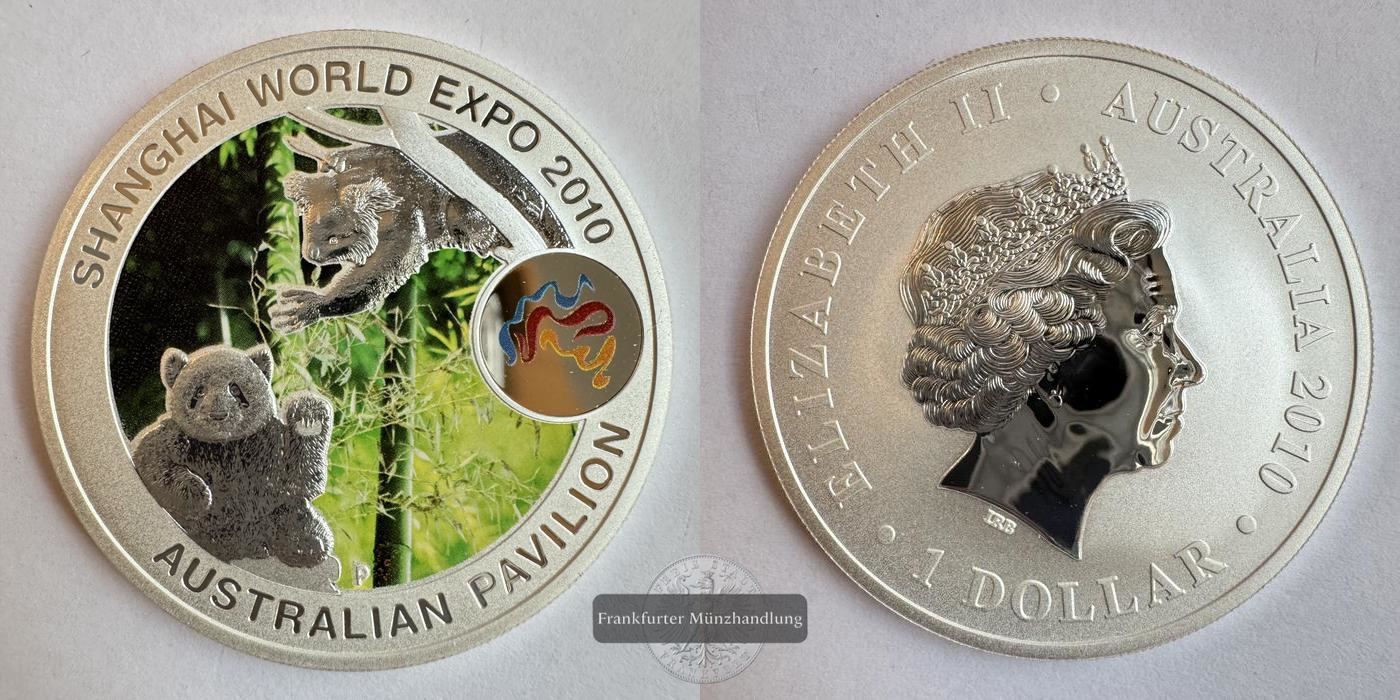  Australien 1 Dollar (World Expo) Panda & Koala 2010 Koloriert FM-Frankfurt KM#1391 Feinsilber: 31,1g   