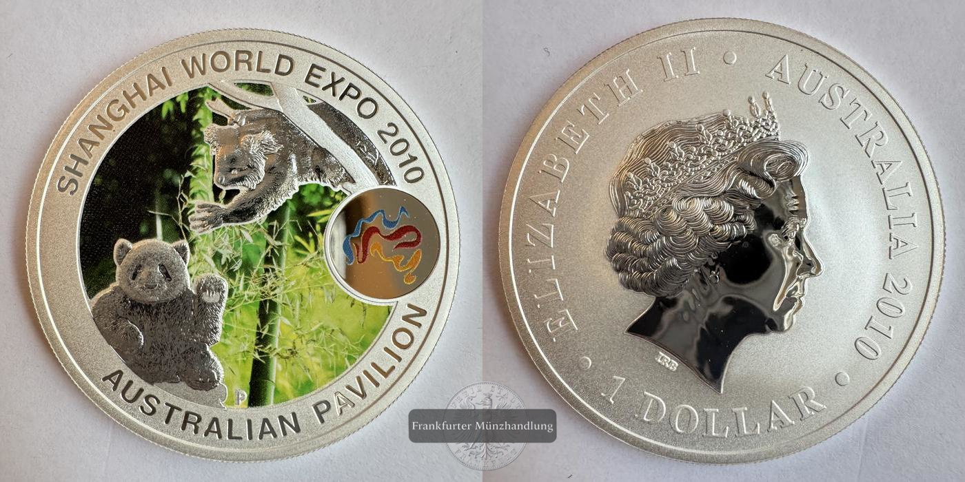  Australien 1 Dollar (World Expo) Panda & Koala 2010 Koloriert FM-Frankfurt KM#1391 Feinsilber: 31,1g   