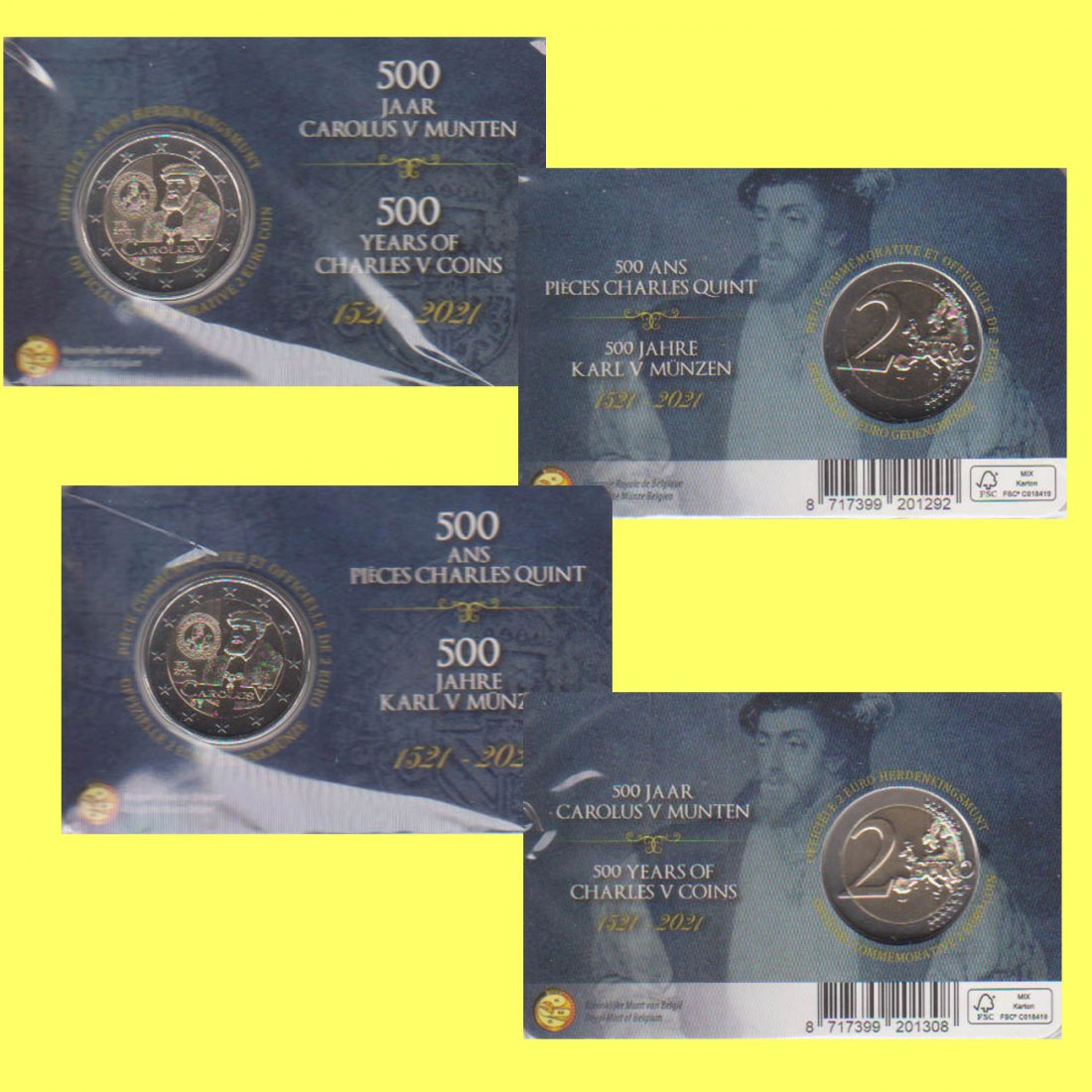  Offiz. Coincard 2 x 2-Euro-Sondermünze Belgien *500 Jahre Karlsgulden* 2021 Ausgabe NL + F   