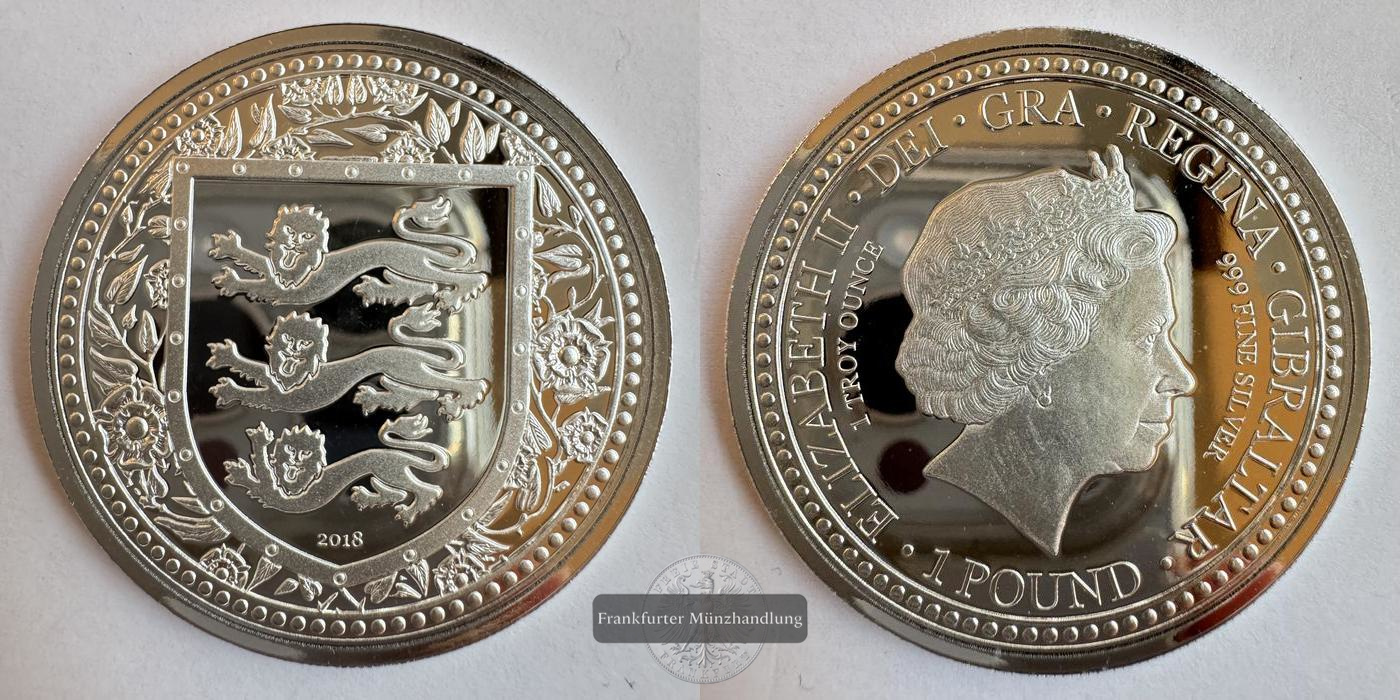  Gibraltar 1 Pound (Royal Arms of England) 2018  FM-Frankfurt KM#1629 Feinsilber: 31,1g   