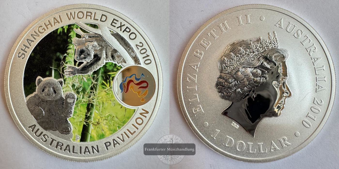 Australien 1 Dollar (World Expo) Panda & Koala 2010 Koloriert FM-Frankfurt KM#1391 Feinsilber: 31,1g   
