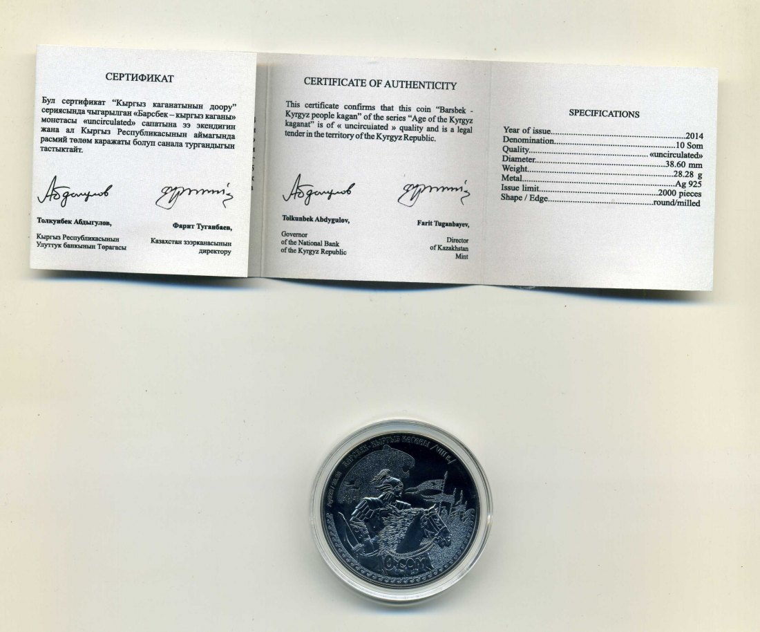  Kirgisien 10 Som 2014 Age of Kyrgyz Kagant + Original Box + Zertifikat sehr selten Nur 2000 Stück   