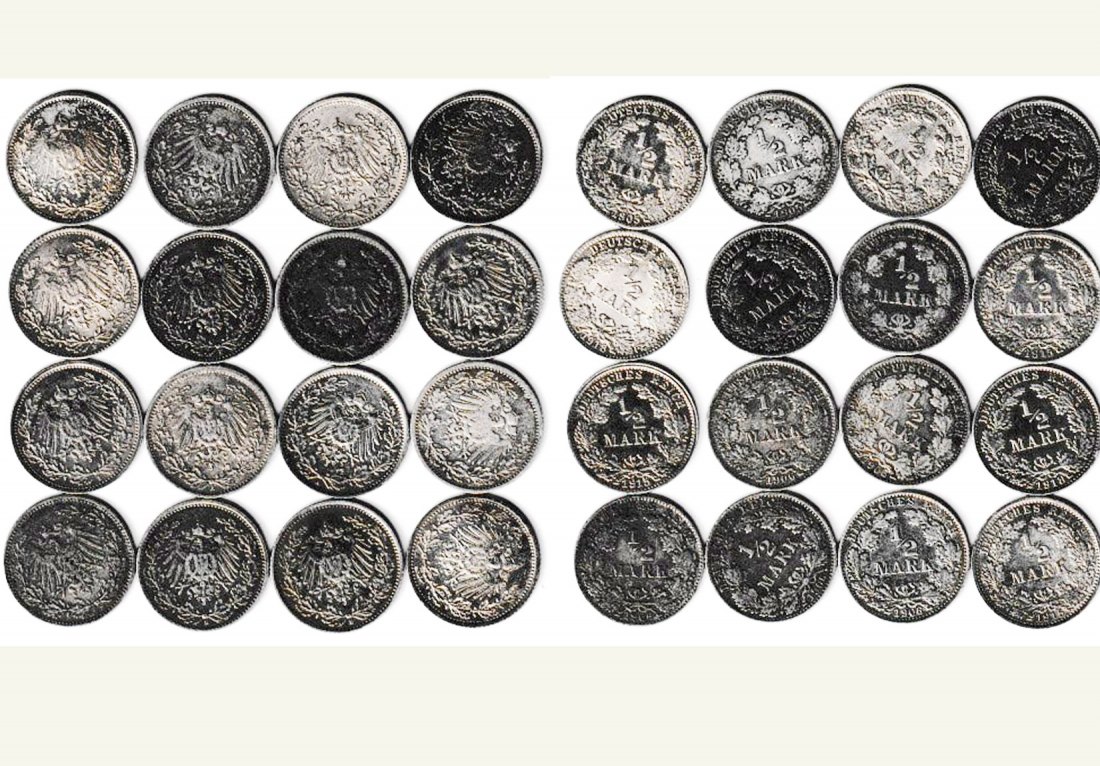  Kaiserreich 16 x 1/2 Silber-Mark 1905-1918 Feinsilber 39,88g 1.L   