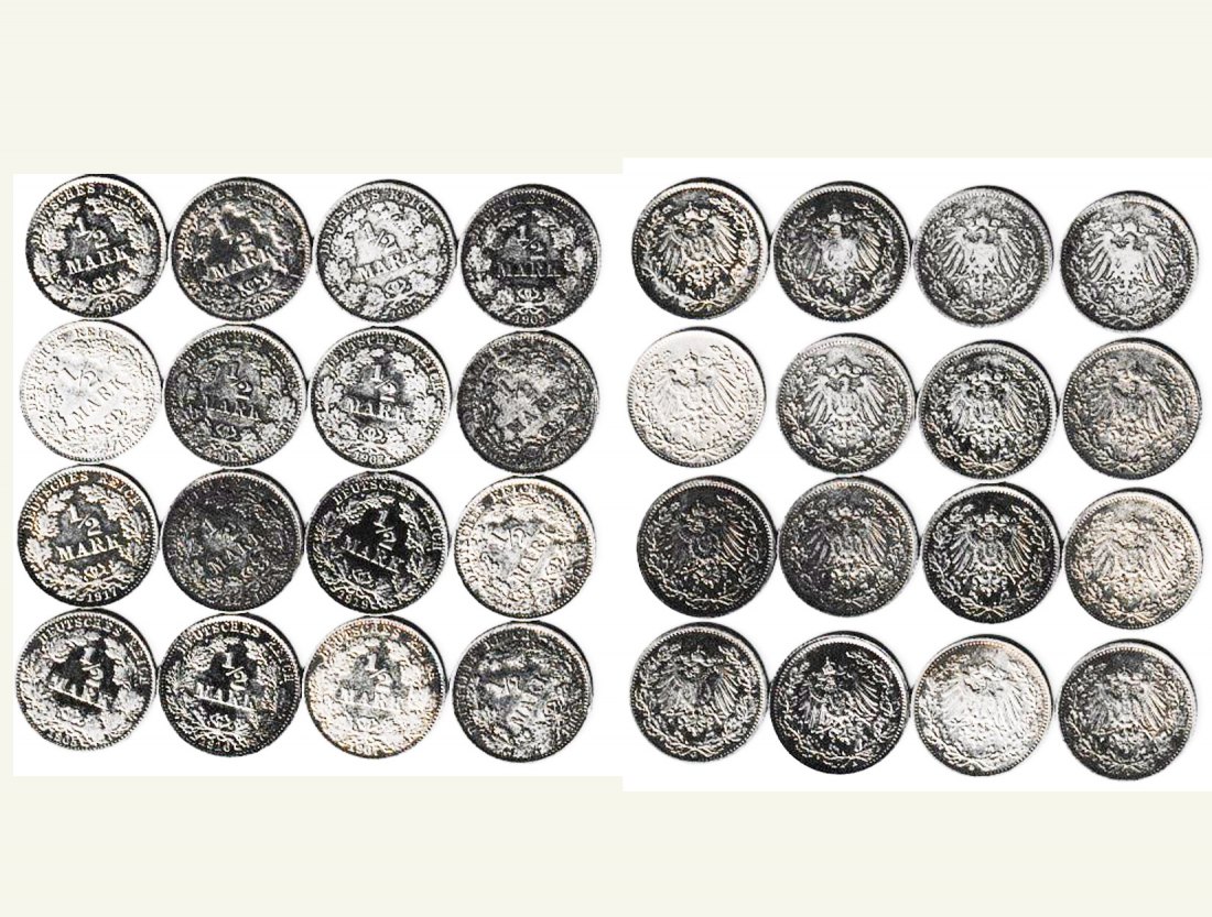  Kaiserreich 16 x 1/2 Silber-Mark 1905-1919 Feinsilber 39,88g 2.L   