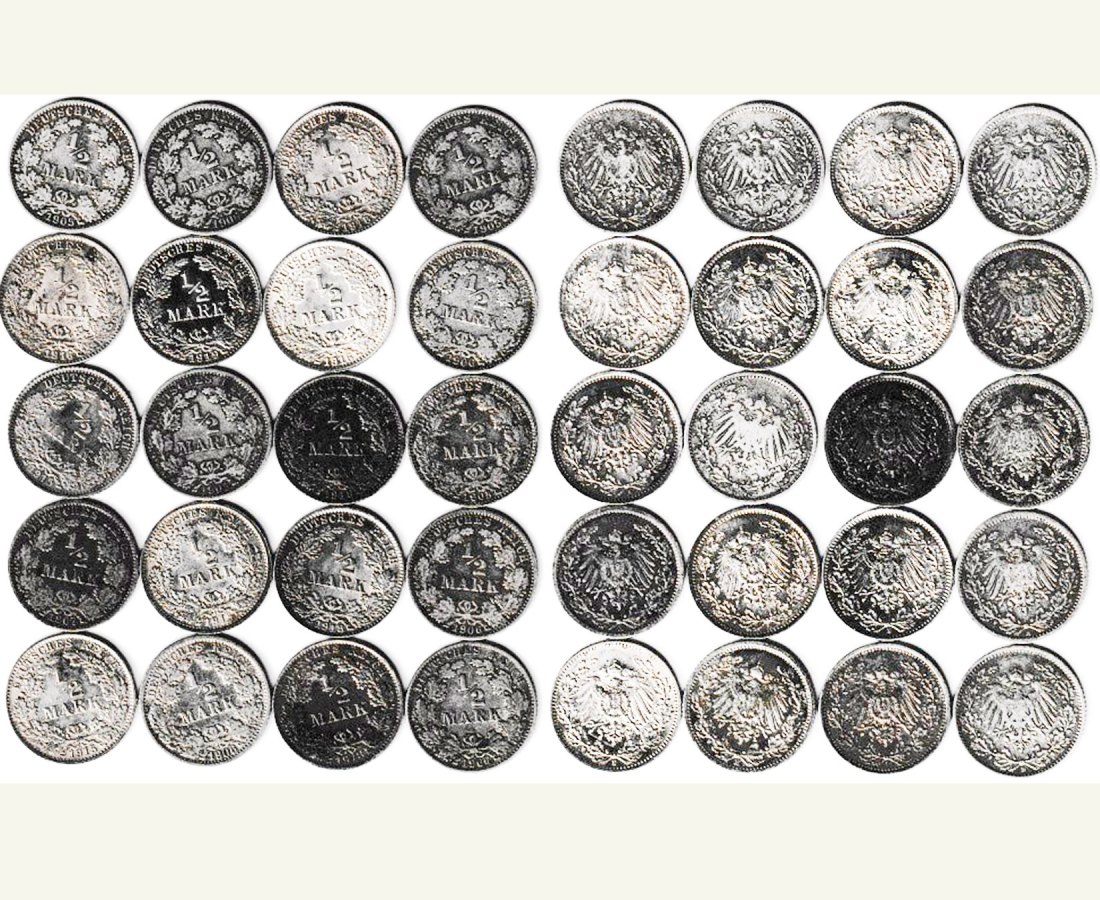  Kaiserreich 20 x 1/2 Silber-Mark 1905-1919 Feinsilber 49,86g 4.L   