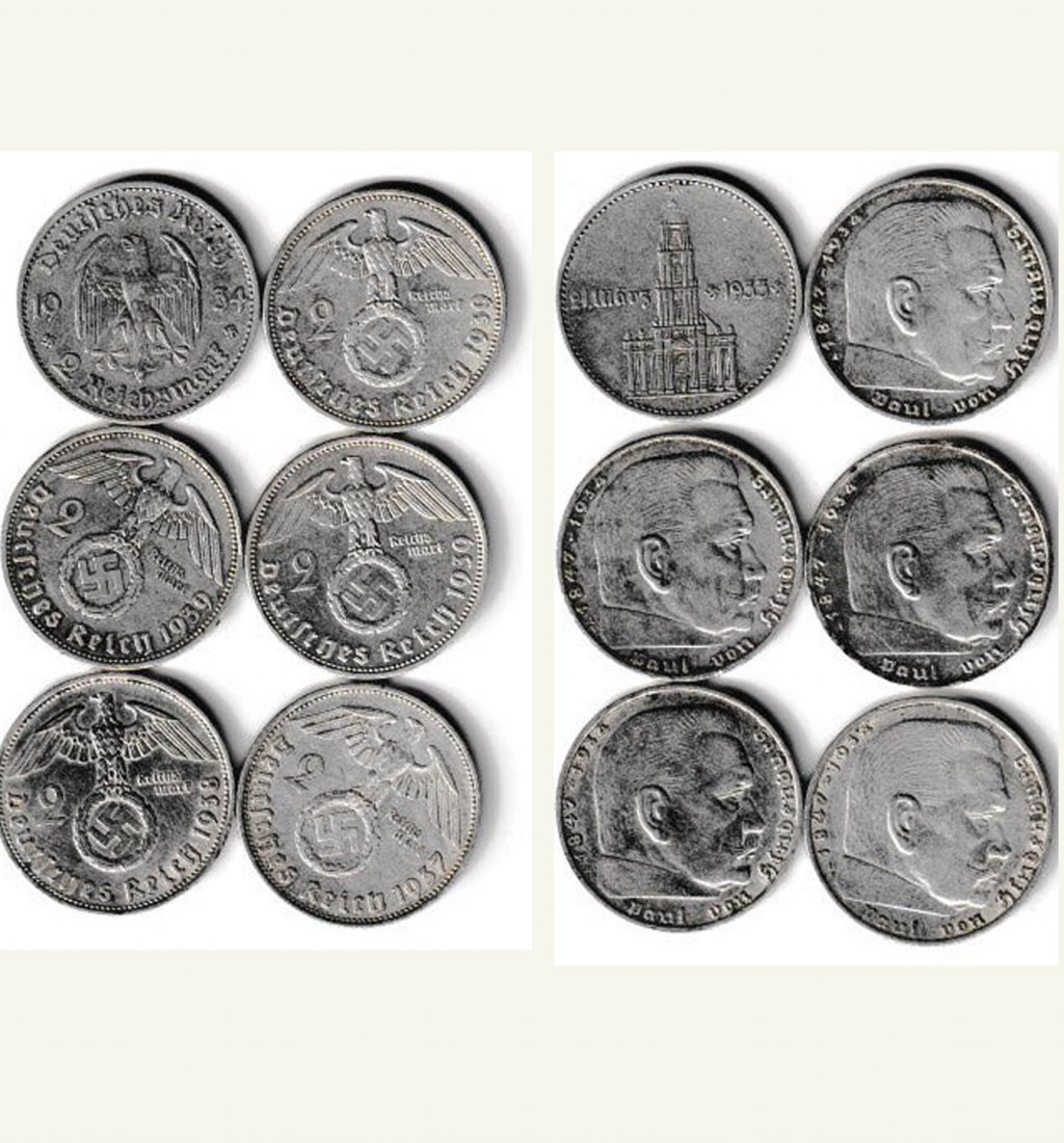 Deutsches Reich 5 x 2 Mark Hindenburg + 1 x 2 Mark Garnisonkirche 30g Feinsilber   