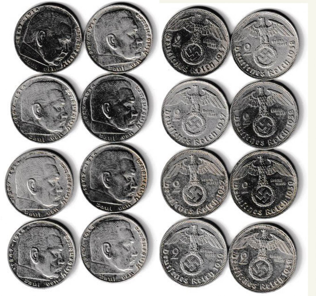  Deutsches Reich 8 x 2 Mark Hindenburg 40g Feinsilber   