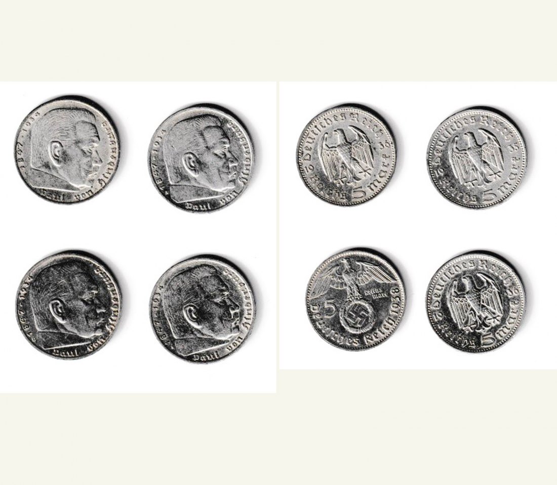  Deutsches Reich 4 x 5 Mark Hindenburg 1935 - 1938 mit und ohne Kreuz 50g Feinsilber L1   