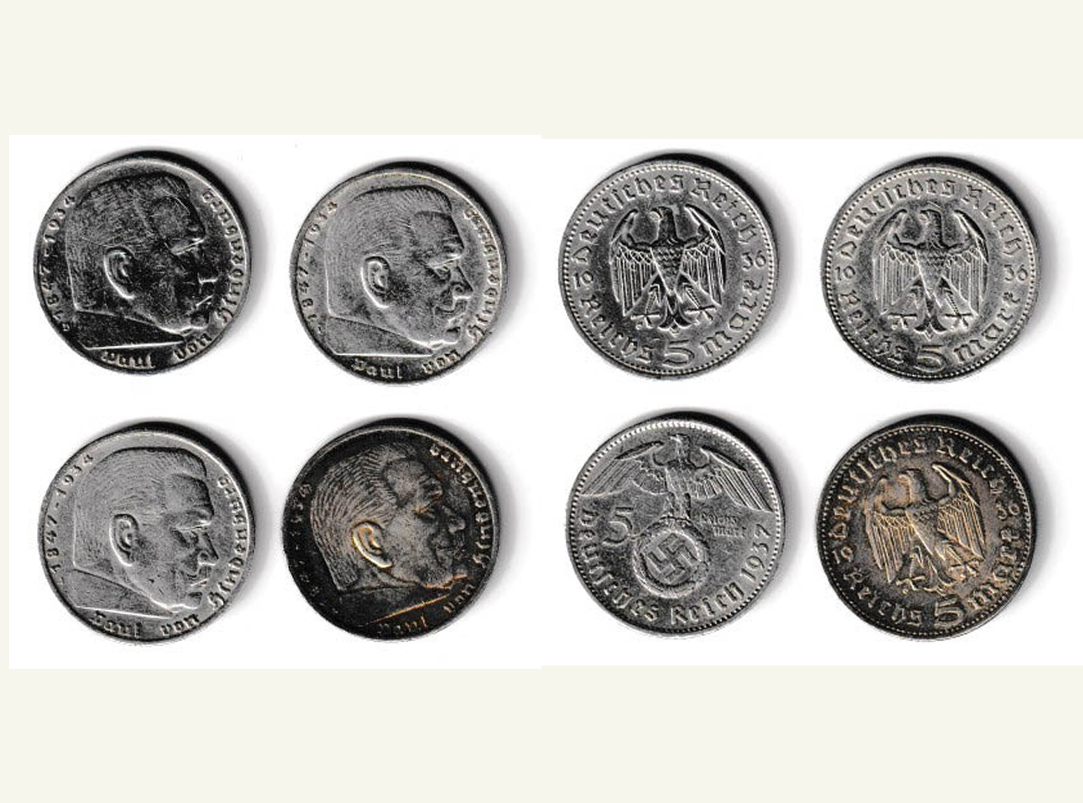  Deutsches Reich 4 x 5 Mark Hindenburg 1935 - 1937 mit und ohne Kreuz 50g Feinsilber L2   