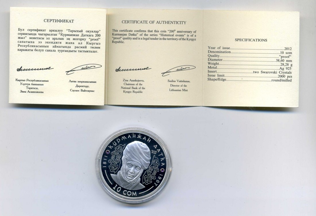 Kirgisien 10 Som 2012 Kurmanjan Datka + Original Box + Zertifikat sehr selten Nur 2000 Stück