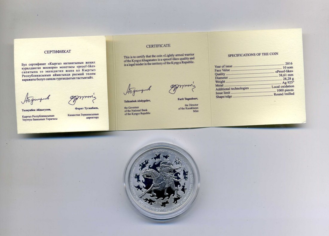  Kirgisien 10 Som 2016 Lightly amed Warrior + Original Box + Zertifikat sehr selten Nur 1000 Stück   