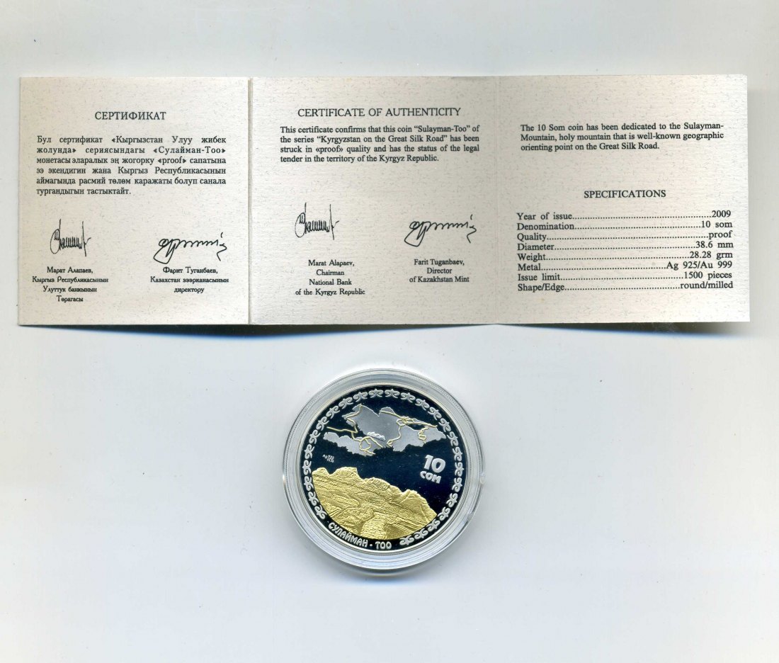  Kirgisien 10 Som 2009 Sulayman Too + Original Box + Zertifikat sehr selten Nur 1500 Stück   