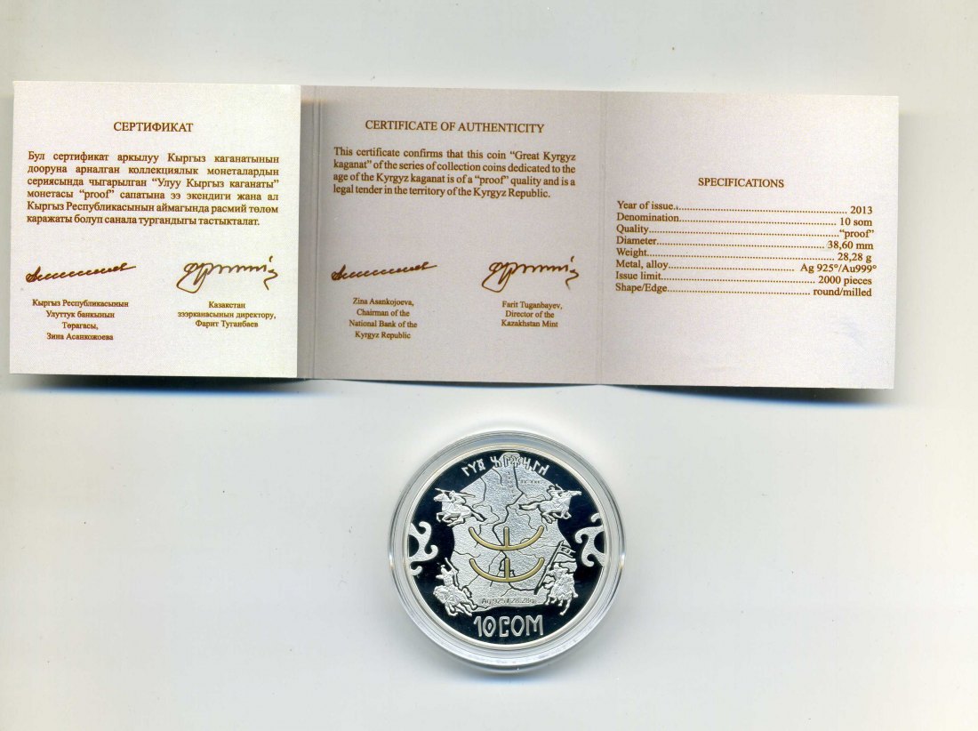  Kirgisien 10 Som 2013 Age of Kyrgyz Kagant + Original Box + Zertifikat sehr selten Nur 2000 Stück5   