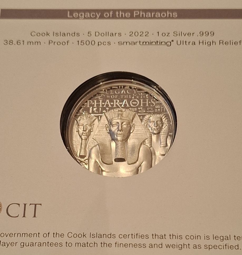  Cook Islands 5 $ 2022 Vermächtnis der Pharaonen 1 Oz Fine Silver Ultra high Relief: 1.500 Ex.   