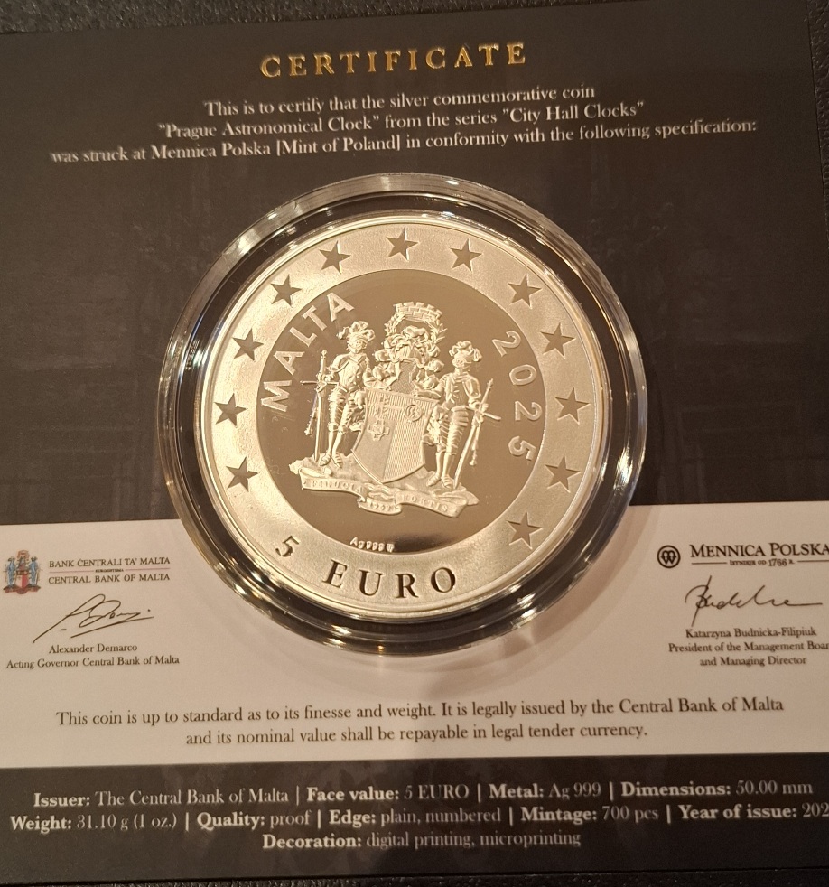  Malta 5 Euro Silber 2025 Serie Astronomische Uhren; 1. Ausgabe Rathausuhr in Prag; nur 700 Ex.   