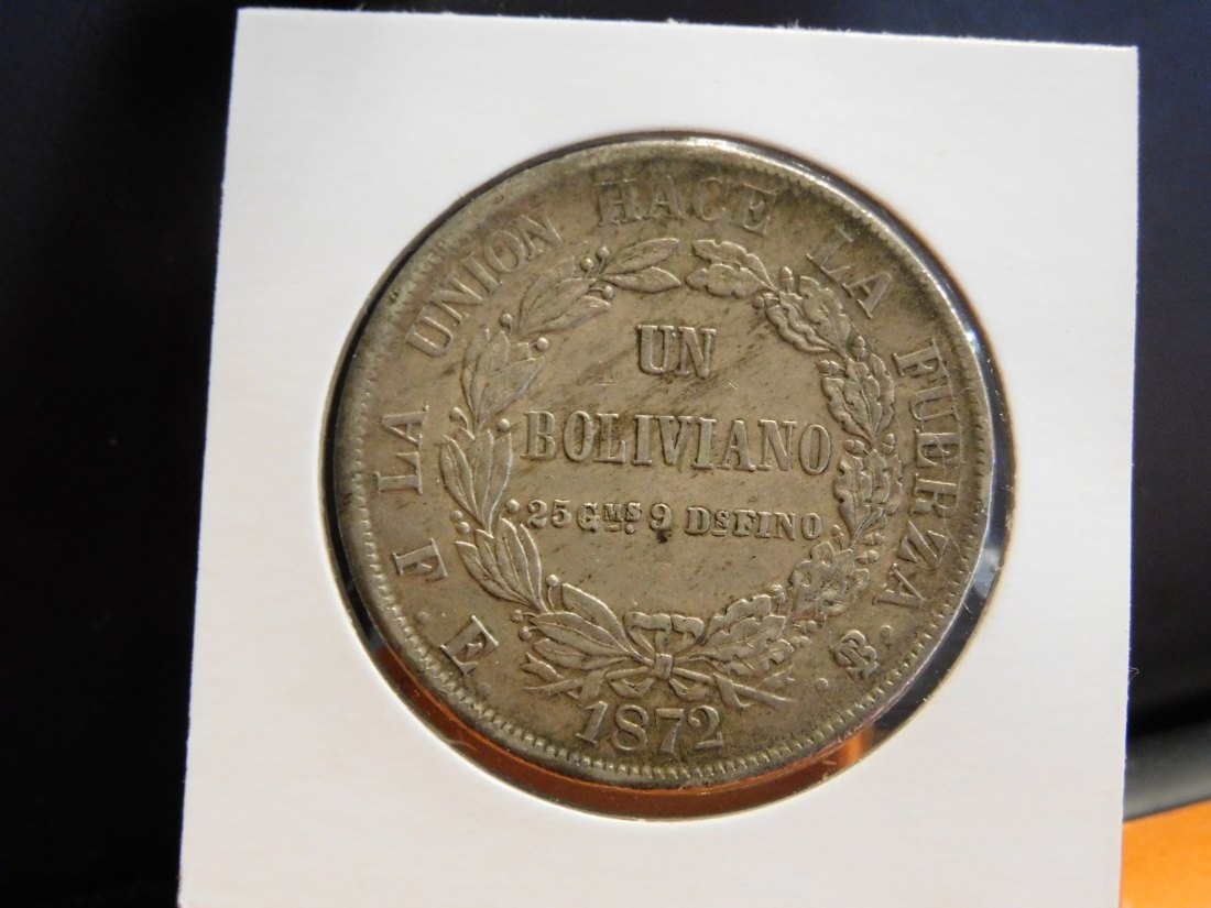  BOLIVIA 1 BOLIVIANO 1872 PTS FE.GRADE-PLEASE SEE PHOTOS.   