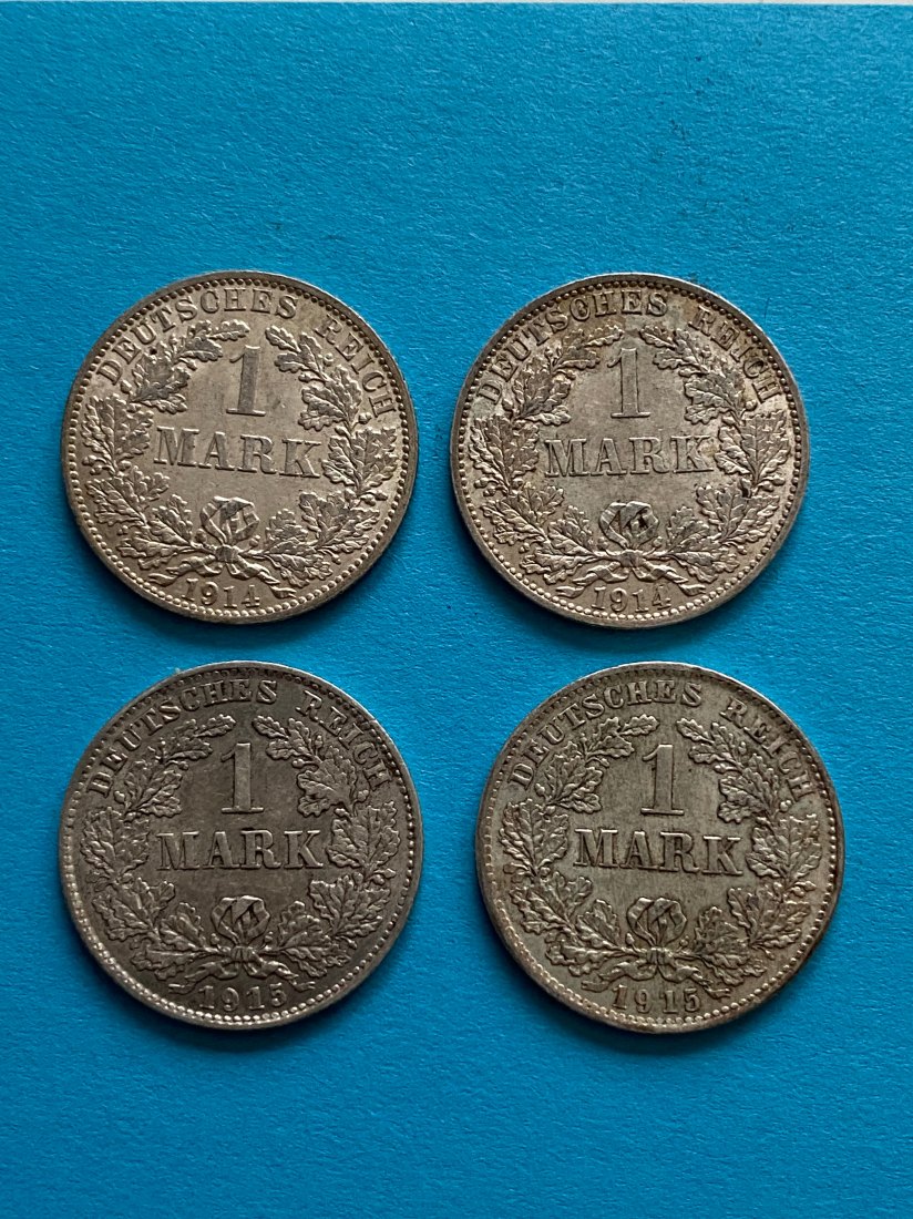  4 x 1 Mark Kaiserreich, 2 x 1914 A und 2 x 1915 D, vz   