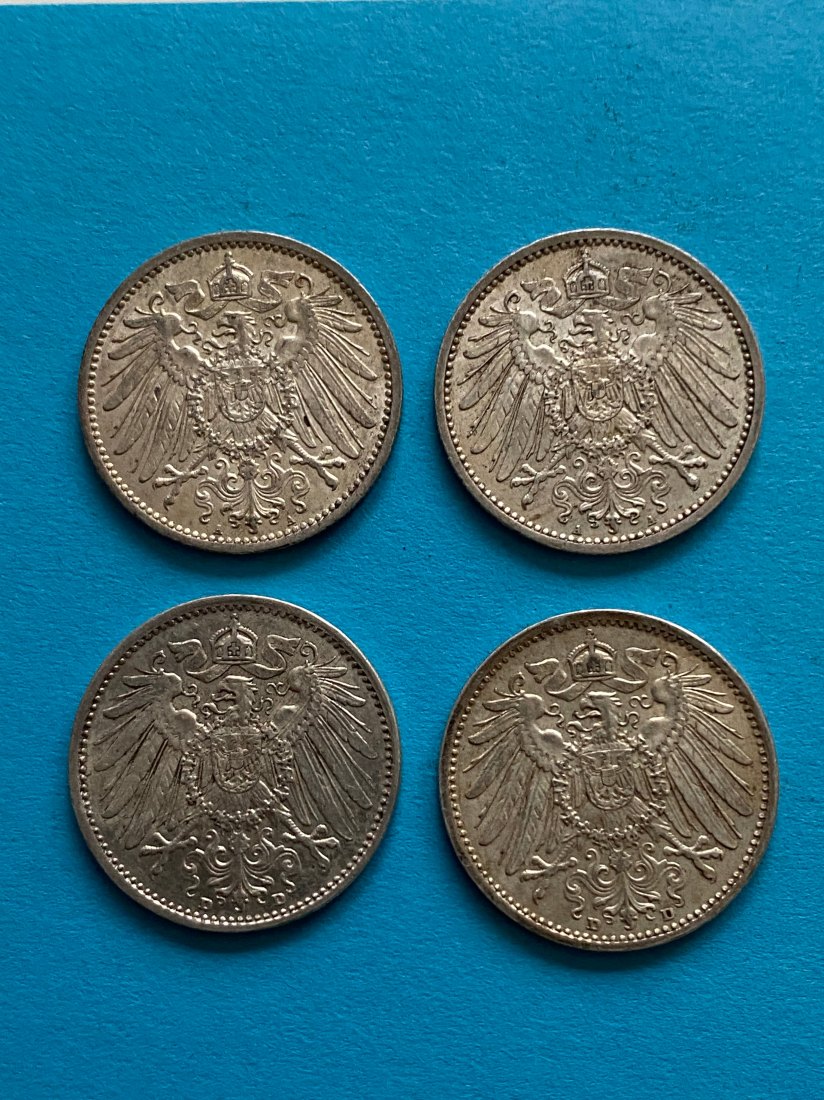  4 x 1 Mark Kaiserreich, 2 x 1914 A und 2 x 1915 D, vz   