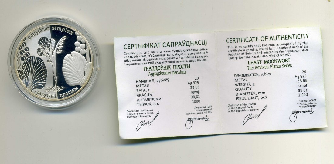 Weißrussland 20 Rubel 2014 seltenes Mondkraut nur 1000 Stück 1 Unze Feinsilber