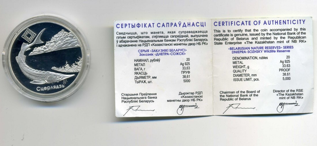  Weißrussland 20 Rubel 2007 Dnjeper Stör nur 5000 Stück 1 Unze Feinsilber   