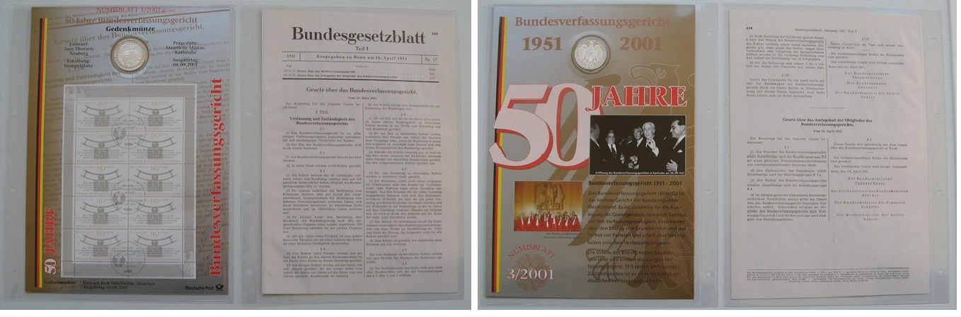  2001, Germany,Numismatics Coin-Card/Sheet:Constitutional Court+10 Mark Silver Coin(.925 -0,46 oz Ag)   