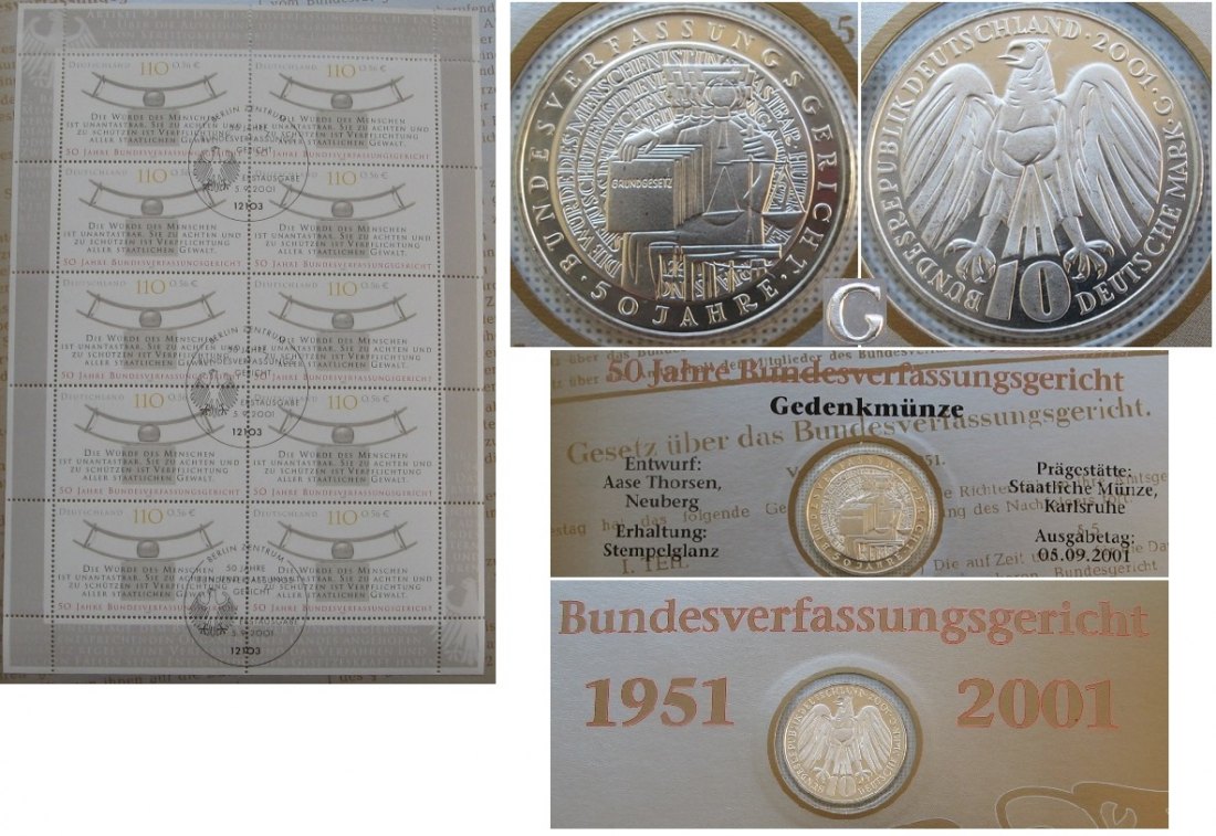  2001, Germany,Numismatics Coin-Card/Sheet:Constitutional Court+10 Mark Silver Coin(.925 -0,46 oz Ag)   