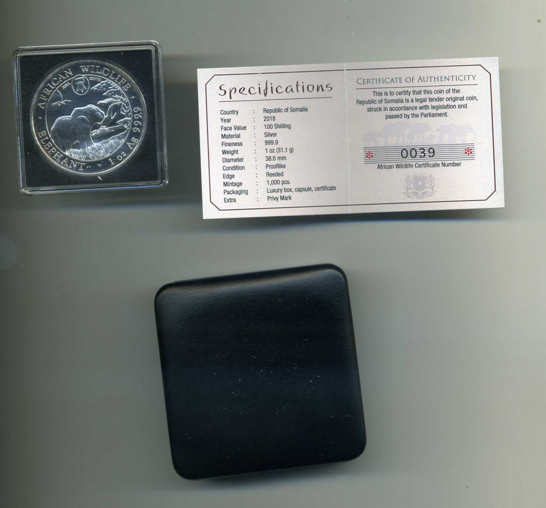 Somalia 100 Schilling 2018 Elefant mit Privy Mark ANA + OVP+Zert. nur 1000 Stück