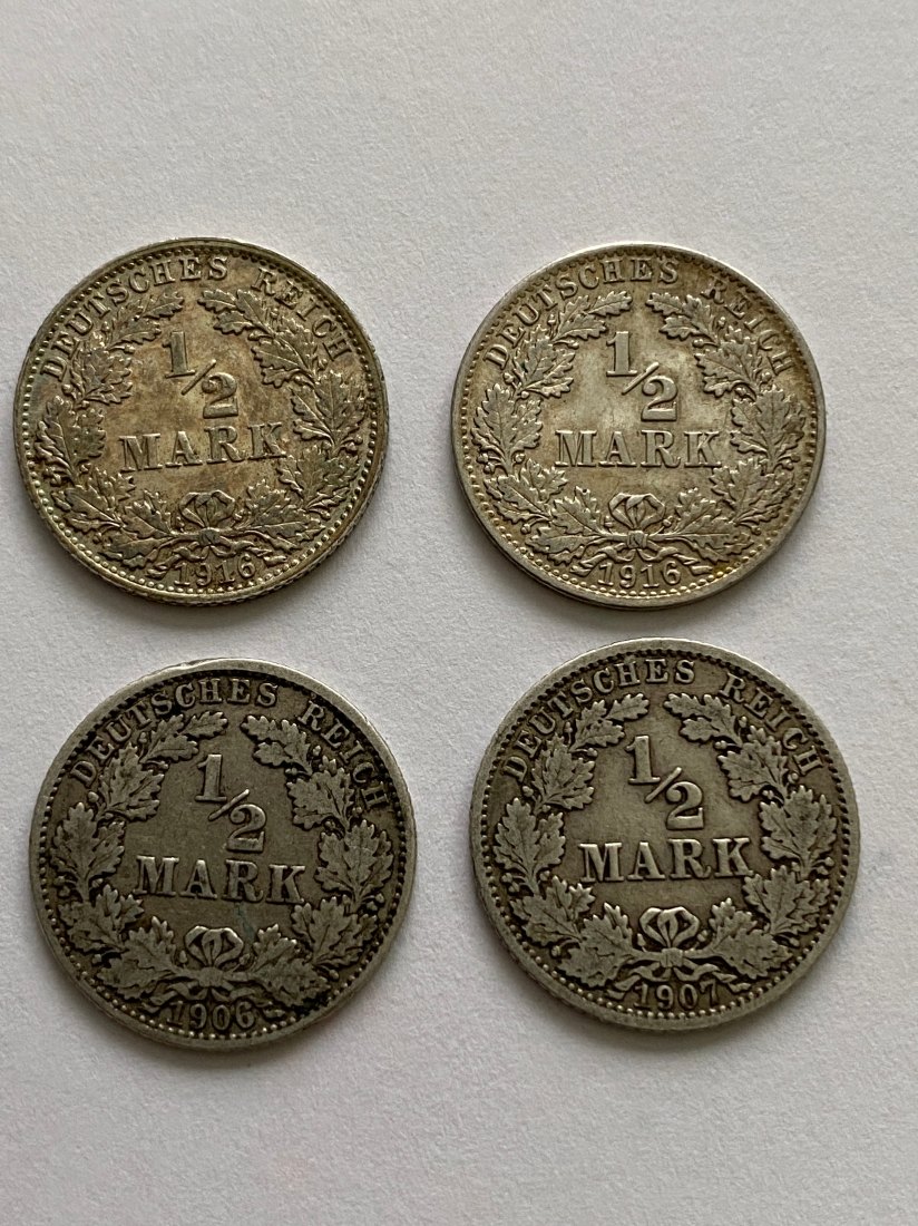  4 x 1/2 Mark Kaiserreich, 2 x 1906/07 G, 2 x 1916 A vz, 11,0 Gr. Silber   