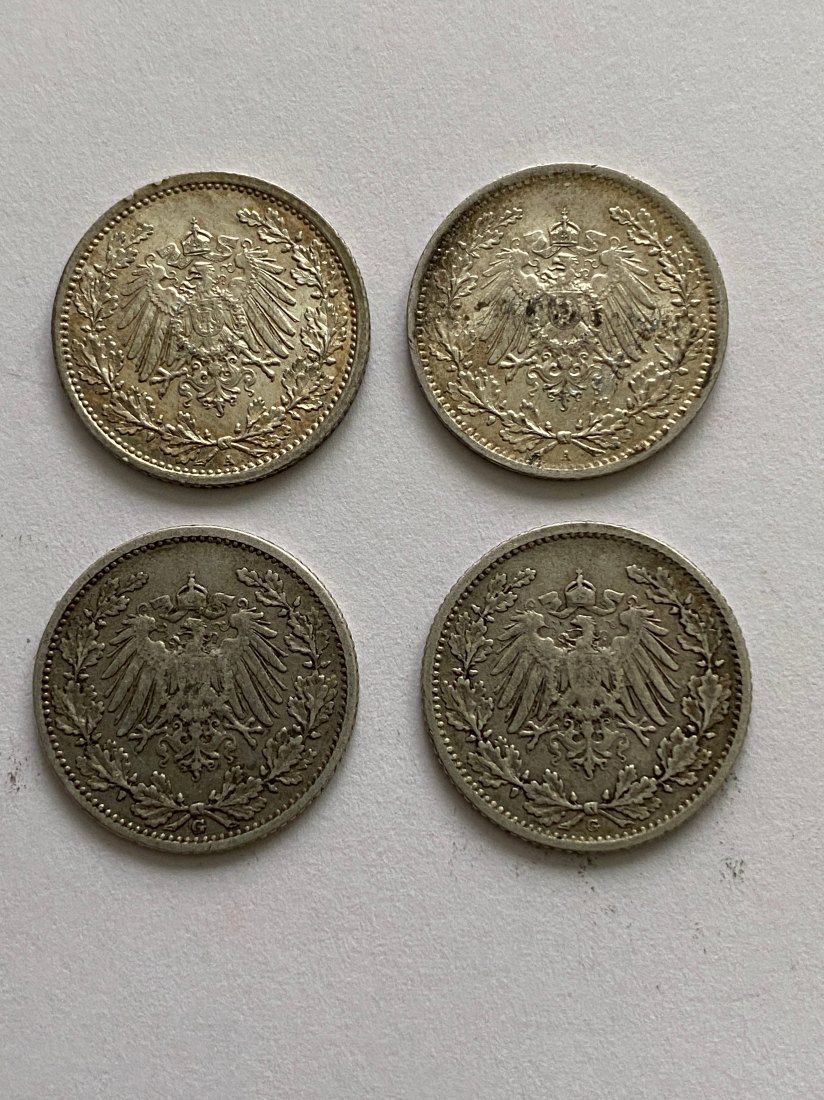  4 x 1/2 Mark Kaiserreich, 2 x 1906/07 G, 2 x 1916 A vz, 11,0 Gr. Silber   