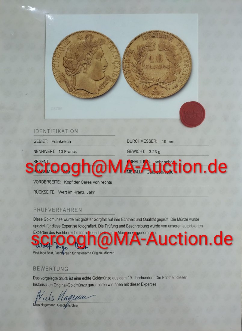 Frankreich 10 Franc 1899 Gold - Ceres-Haupt - mit Echtheitszertifikat - 2,8gr Gold   