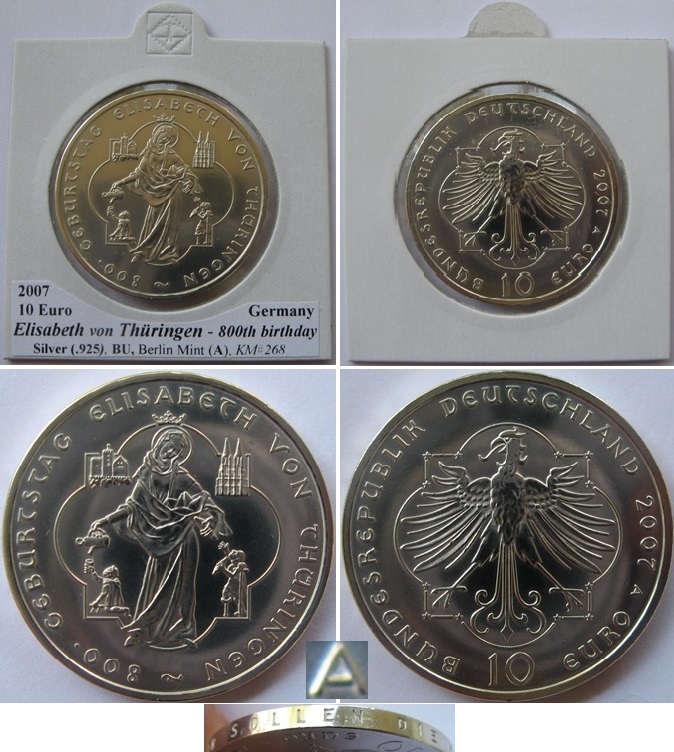  2007-Germany-10 Euro (A)- Elisabeth von Thüringen -silver coin-BU (0.53 oz silver)   