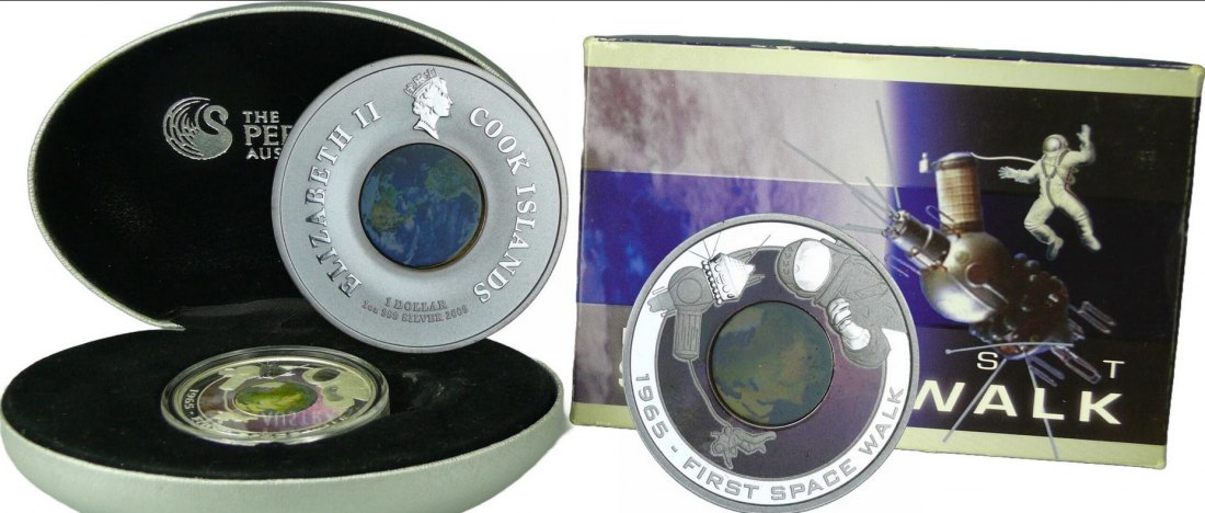  - kirofa - COOK ISLANDS 2009 - ORBIT - FIRST SPACE WALK - 1 Unze Silber 99.90%. PROOF - siehe Foto   
