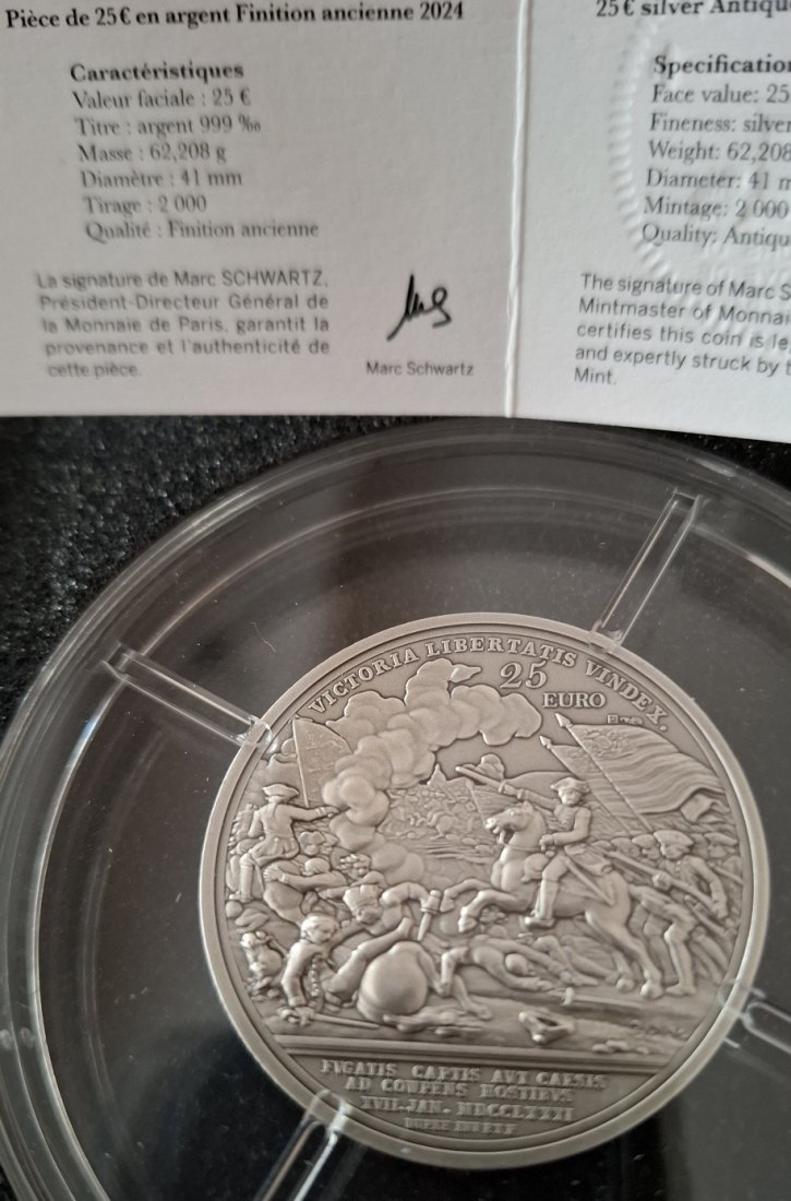  Frankreich 25 Euro 2 oz Antik finish Silber pp 2024 Schlacht von Cowpens Unabhängigkeit der USA   