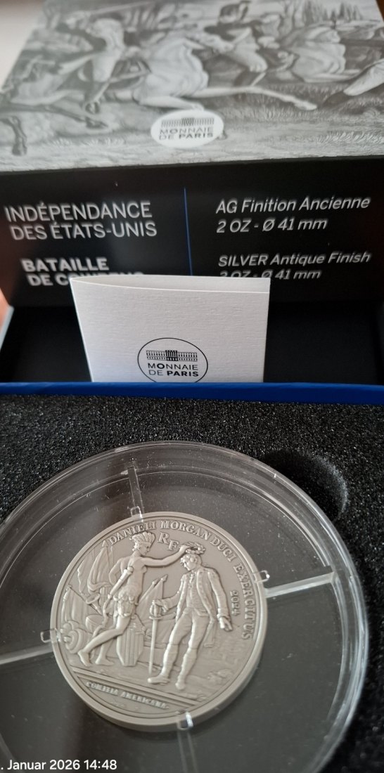  Frankreich 25 Euro 2 oz Antik finish Silber pp 2024 Schlacht von Cowpens Unabhängigkeit der USA   