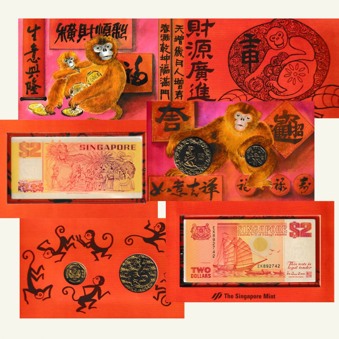  Offiz. KMS Singapur *Jahr des Affen* 1992 mit 2-Dollar-Banknote   